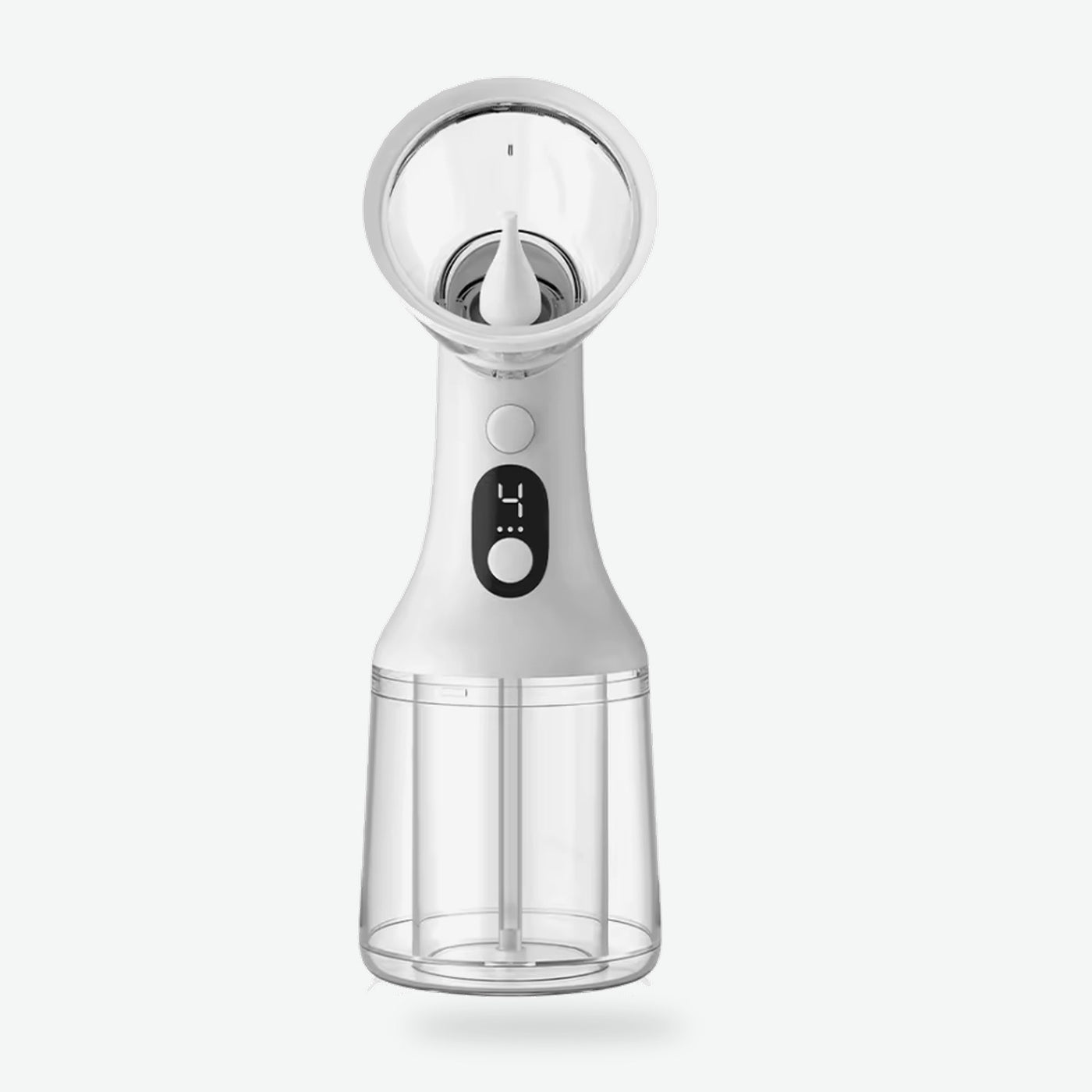 Le nettoyeur d’oreille Cleanaures en entier : la coque transparente, l’écran d’intensité et le double réservoir